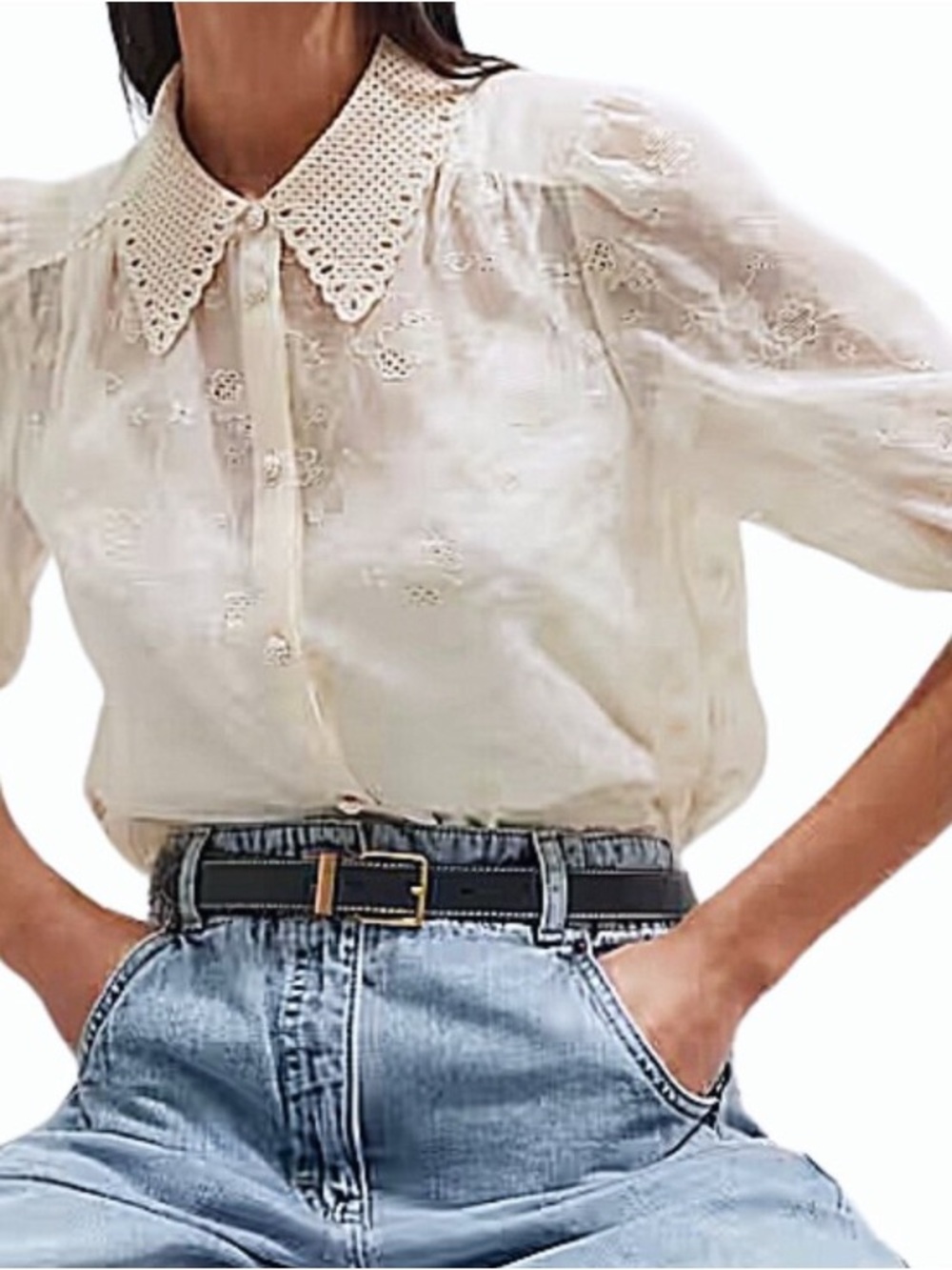 ME+EM Cream Eyelet Lace-Collar Button Down Blouse